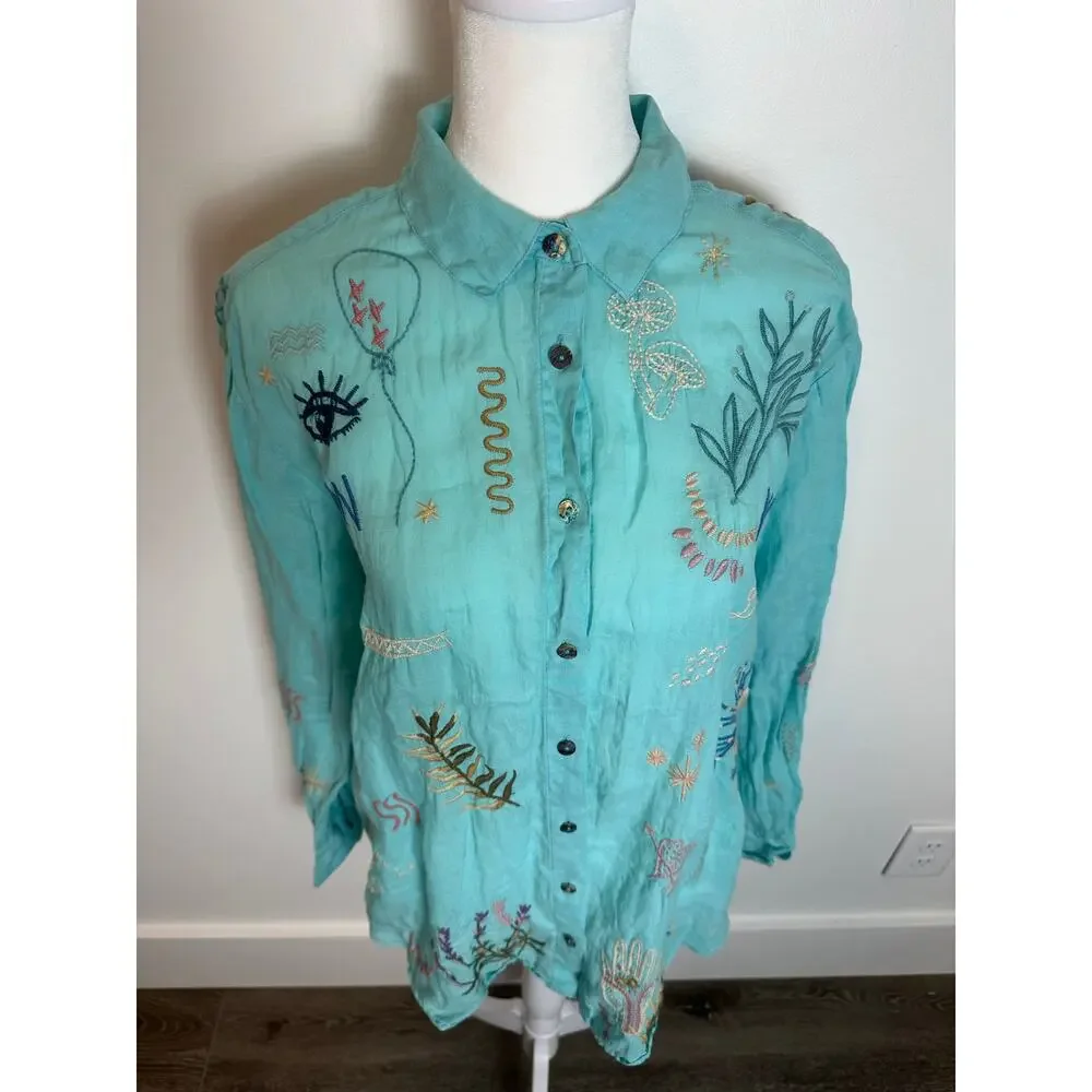 Johnny Was Embroidered Long Sleeve Button Down Shirt - Picture 4 of 13